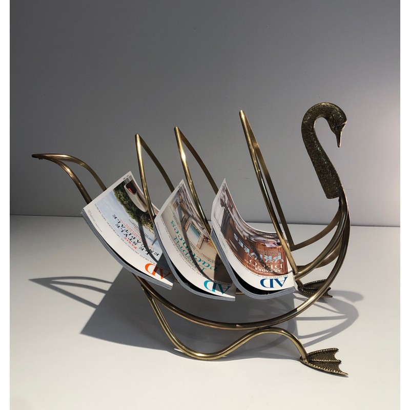 Vintage brass swan magazine rack, Italy 1940s