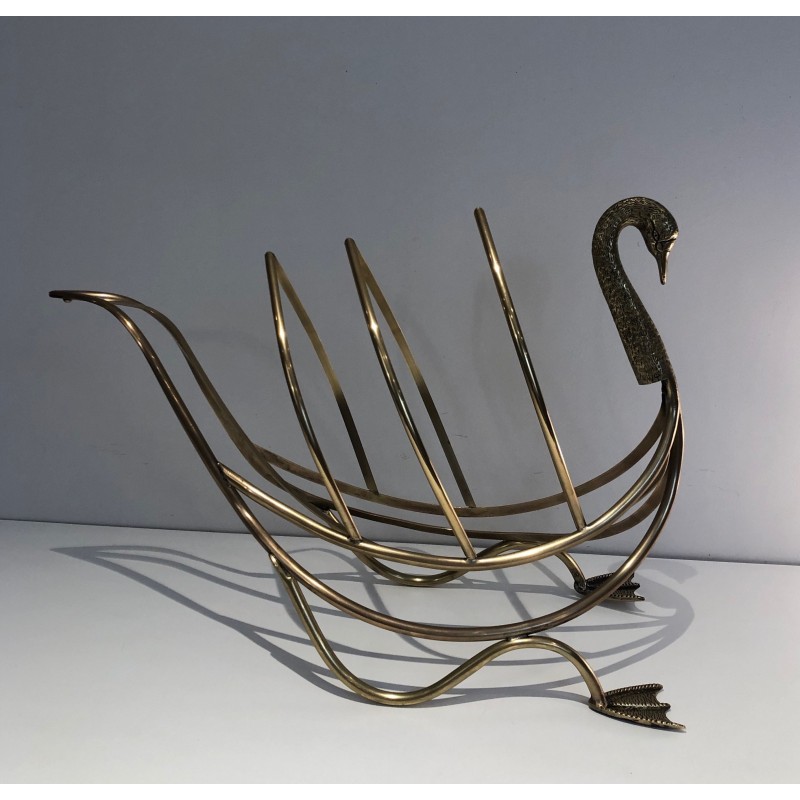 Vintage brass swan magazine rack, Italy 1940s