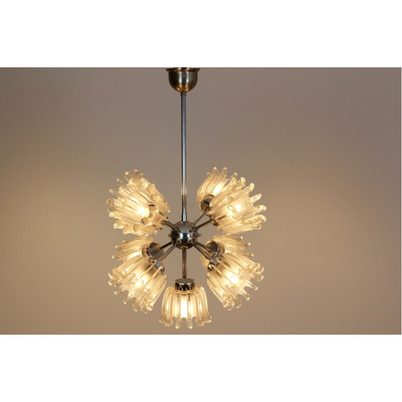 Vintage chrome-plated metal and frosted glass chandelier for Doria Leuchten, Germany 1960