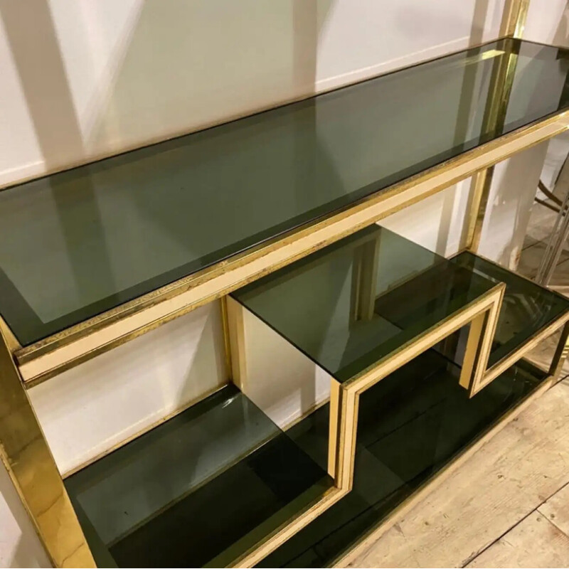 Pair of vintage brass, metal and smoked glass bookcases by Romeo Rega, Italy 1970s