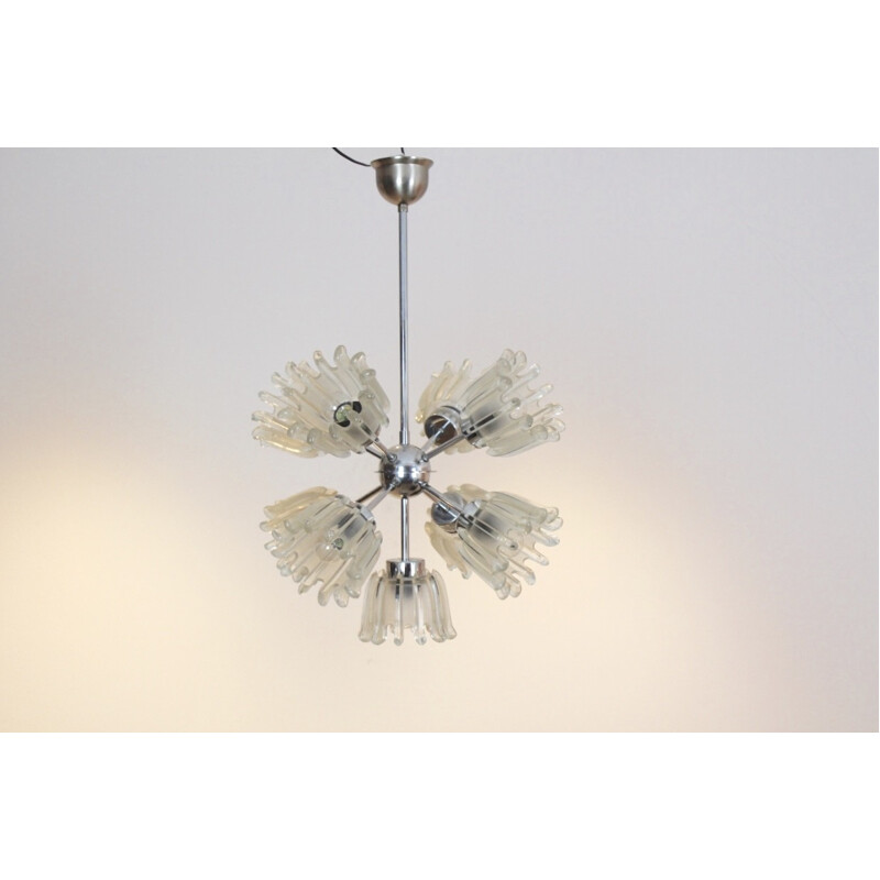 Vintage chrome-plated metal and frosted glass chandelier for Doria Leuchten, Germany 1960