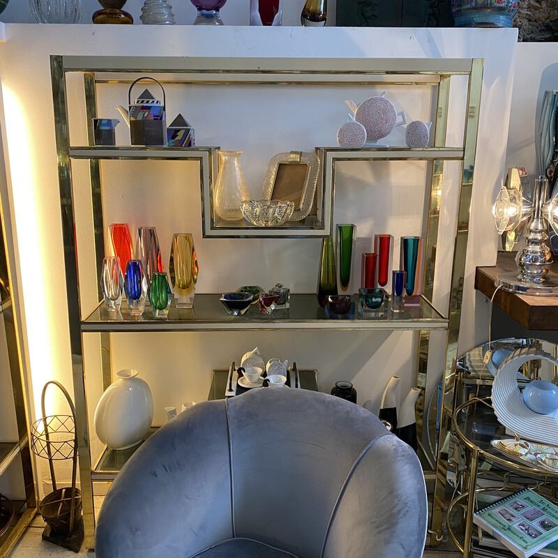 Pair of vintage brass, metal and smoked glass bookcases by Romeo Rega, Italy 1970s