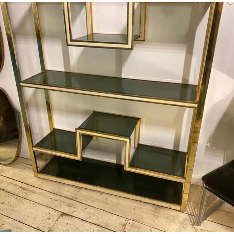 Pair of vintage brass, metal and smoked glass bookcases by Romeo Rega, Italy 1970s