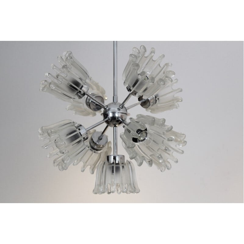 Vintage chrome-plated metal and frosted glass chandelier for Doria Leuchten, Germany 1960