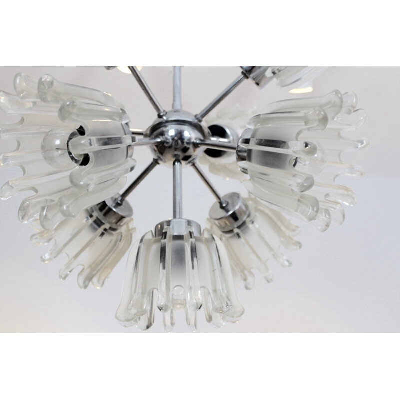 Vintage chrome-plated metal and frosted glass chandelier for Doria Leuchten, Germany 1960