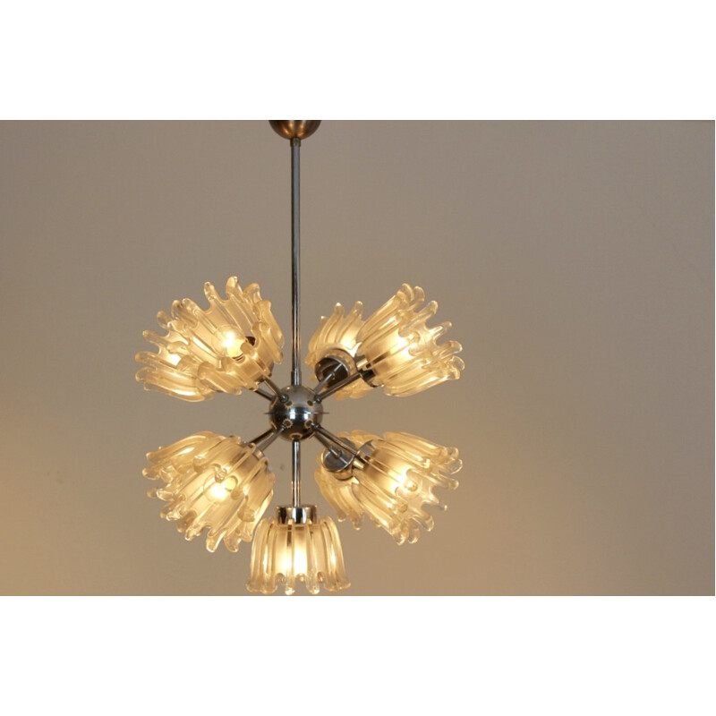 Vintage chrome-plated metal and frosted glass chandelier for Doria Leuchten, Germany 1960