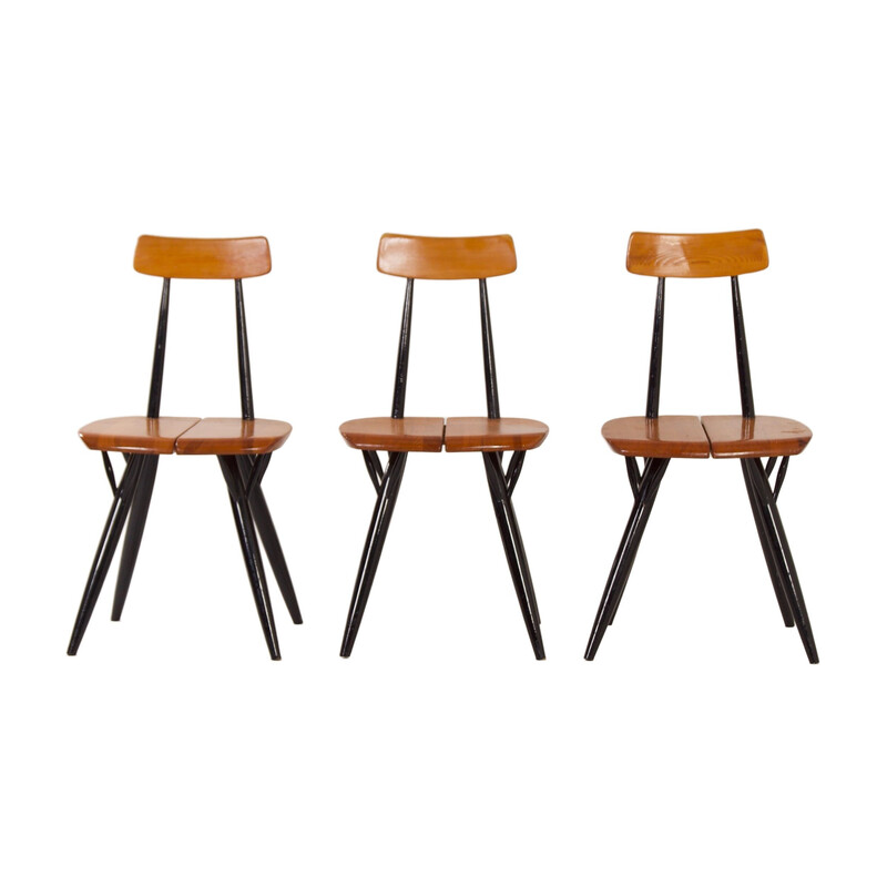 Set of 3 vintage Pirkka chairs in pine and birchwood by llmari Tapiovaara for Laukaan Puu, Finland 1955s