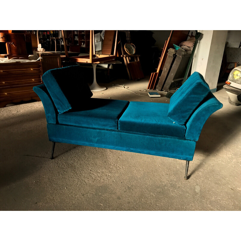 Méridienne vintage en velours bleu - 1960