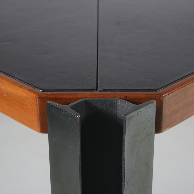 Mesa de comedor vintage T210 en hierro fundido negro y cuero de Osvaldo Borsani para Tecno, Italia años 70