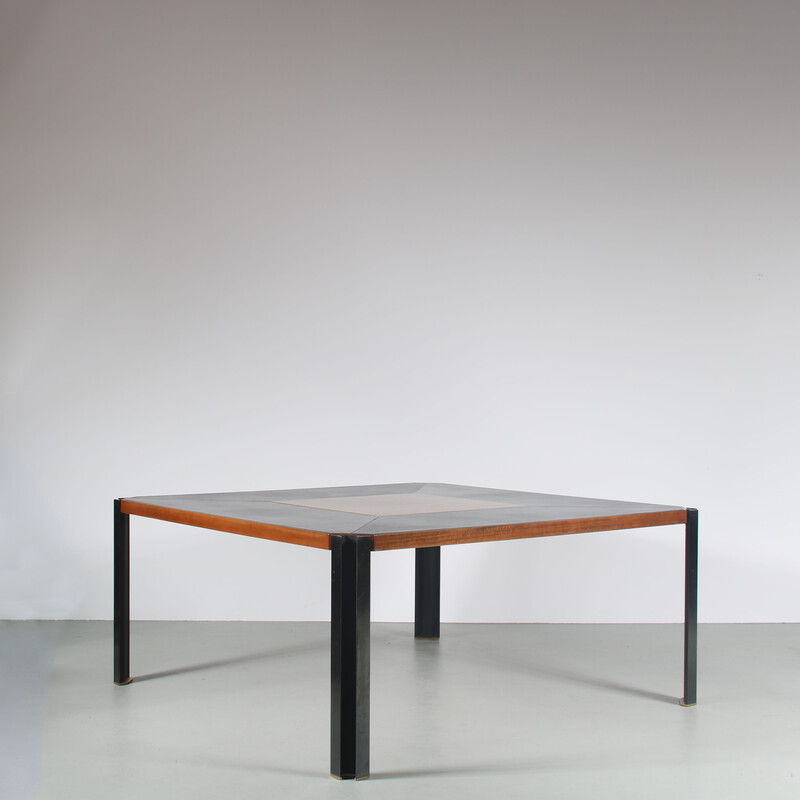 Vintage T210 dining table in black cast iron and leather by Osvaldo Borsani for Tecno, Italy 1970s