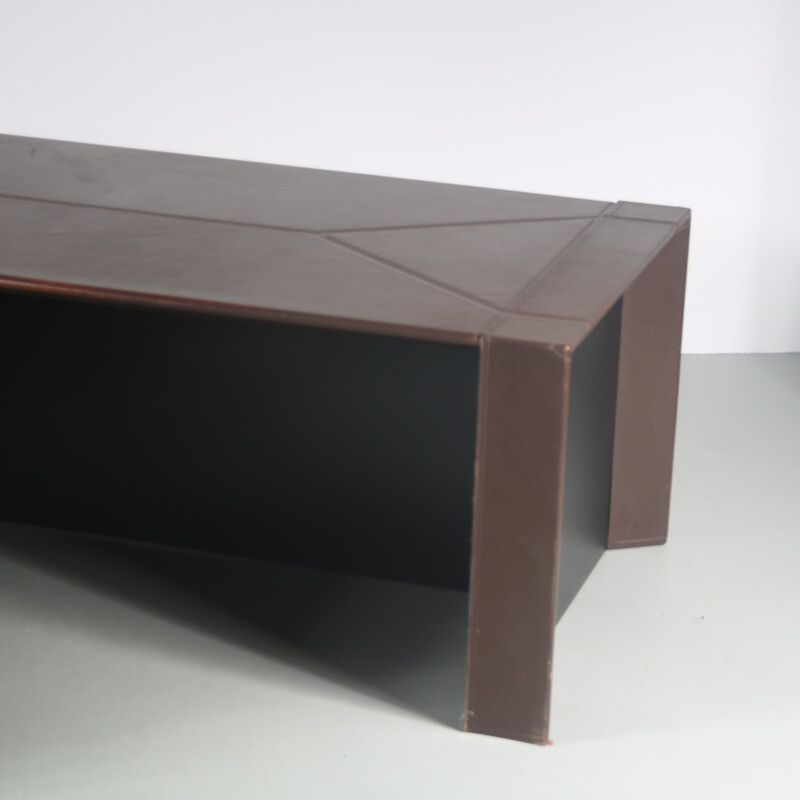 Vintage L-shaped desk in black wood and brown leather by Guido Faleschini for Mariani, Italy 1970s