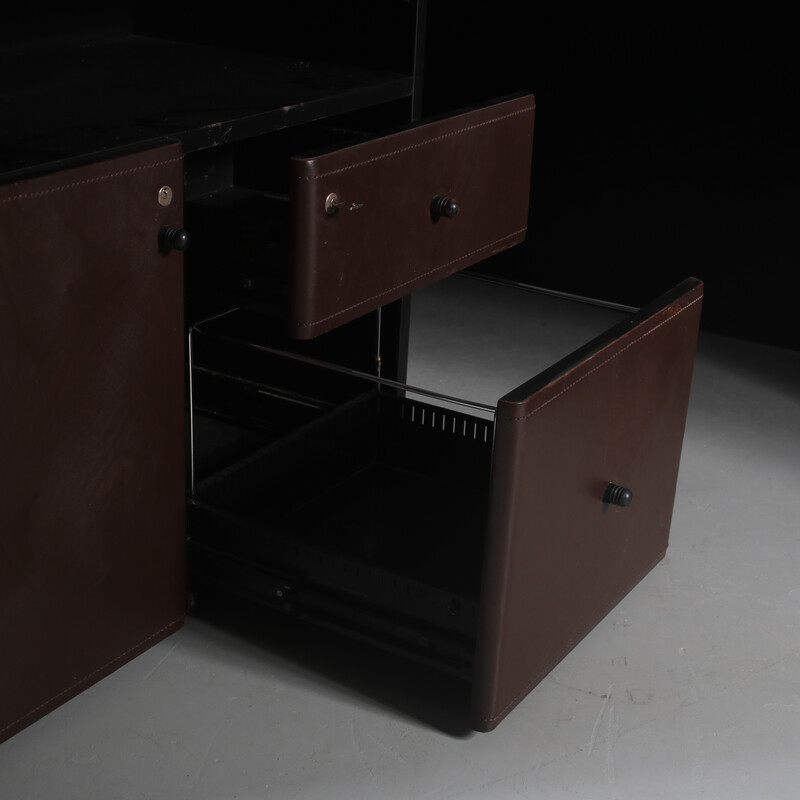 Vintage L-shaped desk in black wood and brown leather by Guido Faleschini for Mariani, Italy 1970s