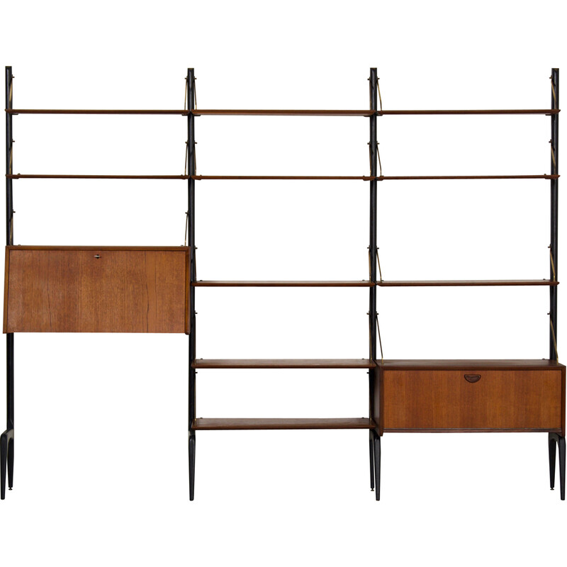 Vintage teak, iron and brass wall unit by Louis Van Teeffelen for Wébé, 1960s