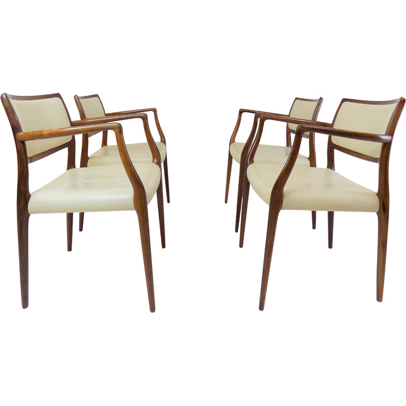 Set of 4 vintage model 65 leather and rosewood armchairs by Niels O. Møller for Møller