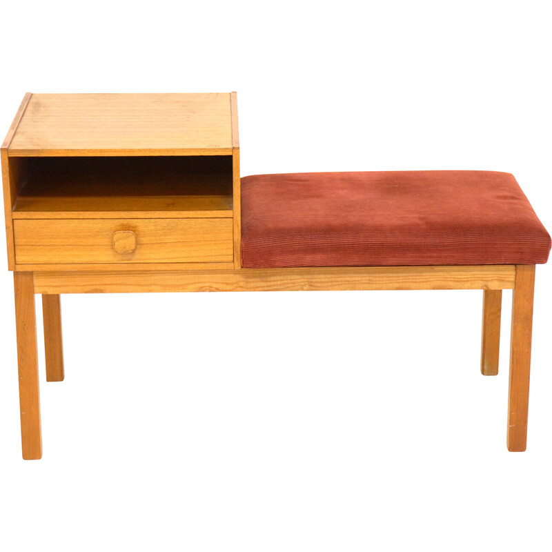 Vintage teak, beechwood and burgundy velvet telephone bench, Sweden 1960s