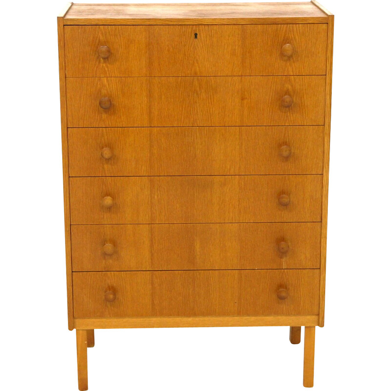 Vintage eiken en beuken "tallboy" ladekast, Zweden 1960