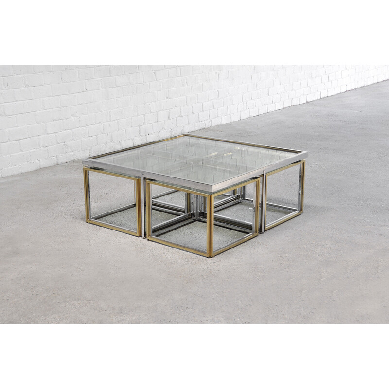 Vintage coffee table set in glass, metal and brass for Maison Charles, France 1970s
