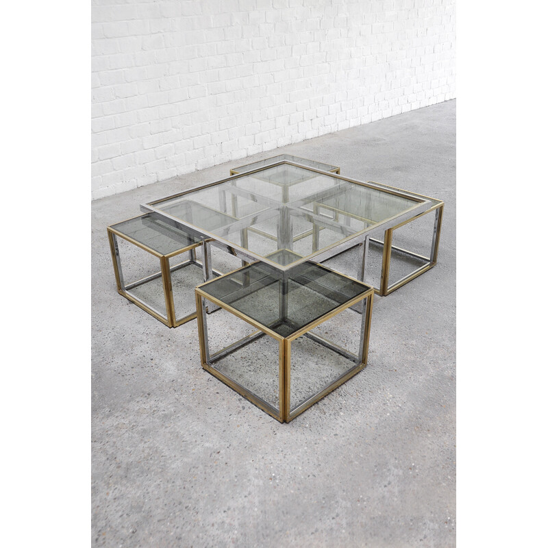 Ensemble de table basse vintage en verre, métal et laiton pour Maison Charles, France 1970