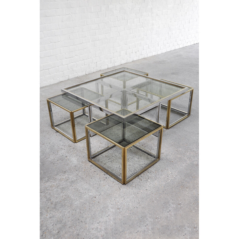 Vintage coffee table set in glass, metal and brass for Maison Charles, France 1970s