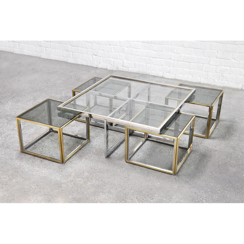 Vintage coffee table set in glass, metal and brass for Maison Charles, France 1970s