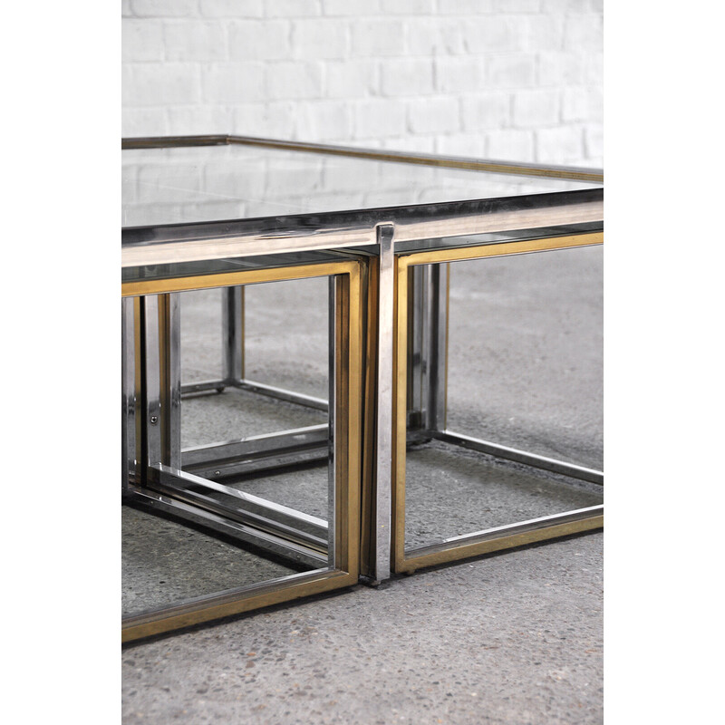 Vintage coffee table set in glass, metal and brass for Maison Charles, France 1970s