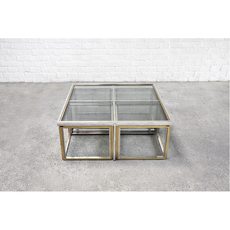 Vintage coffee table set in glass, metal and brass for Maison Charles, France 1970s