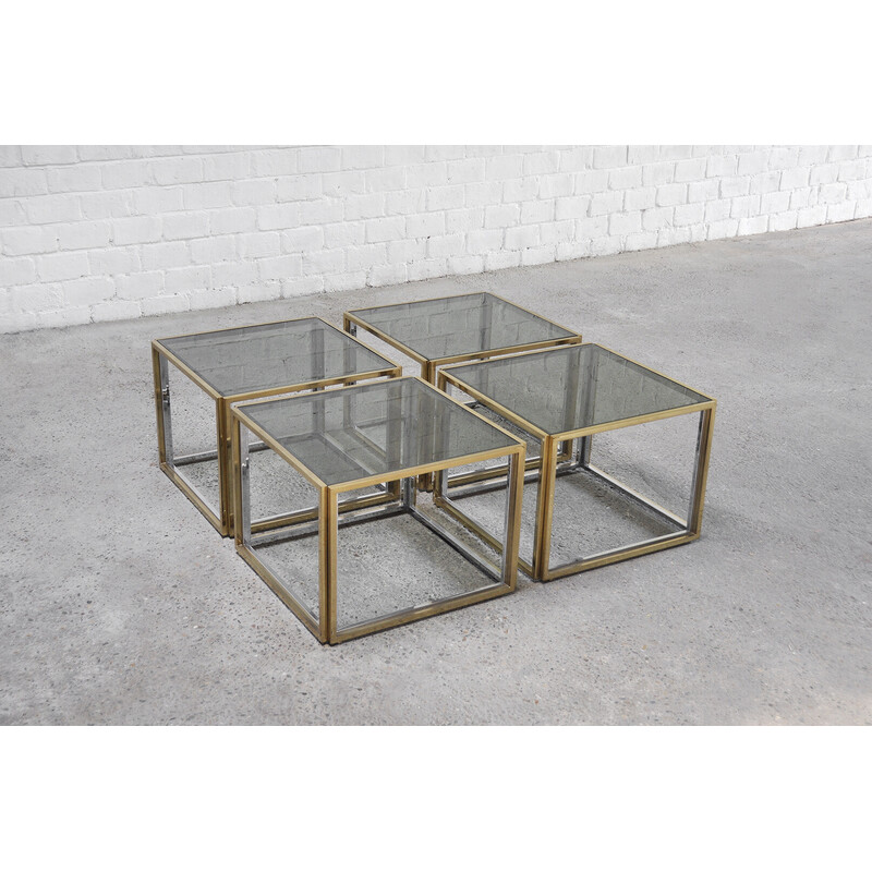 Vintage coffee table set in glass, metal and brass for Maison Charles, France 1970s