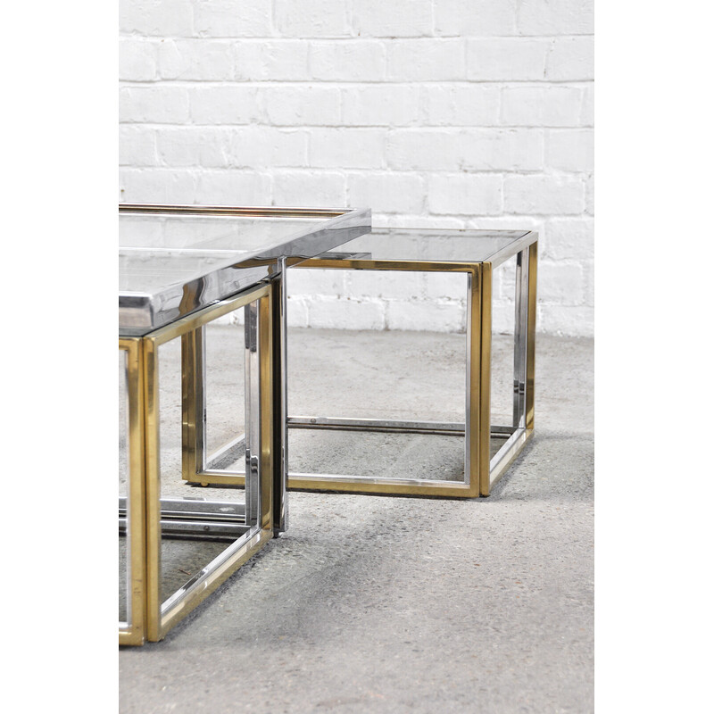 Vintage coffee table set in glass, metal and brass for Maison Charles, France 1970s