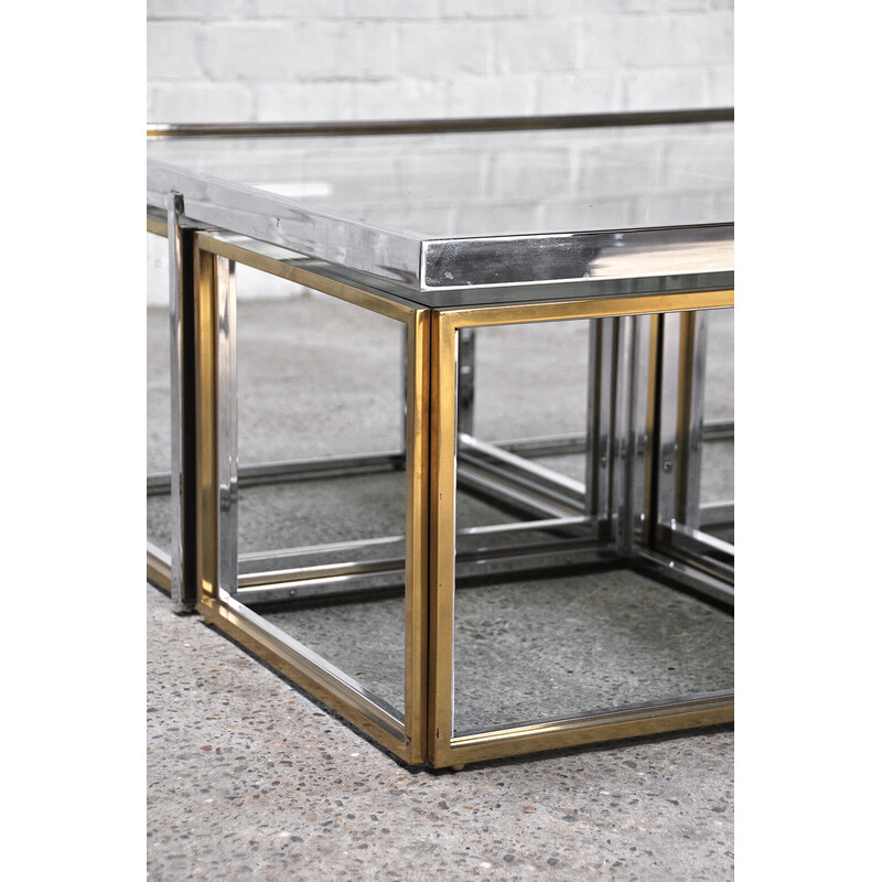 Vintage coffee table set in glass, metal and brass for Maison Charles, France 1970s