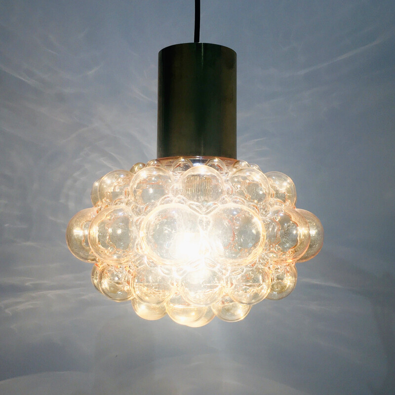 Vintage pendant lamp in amber bubble glass and brass by Helena Tynell for Limburg, Germany 1970s