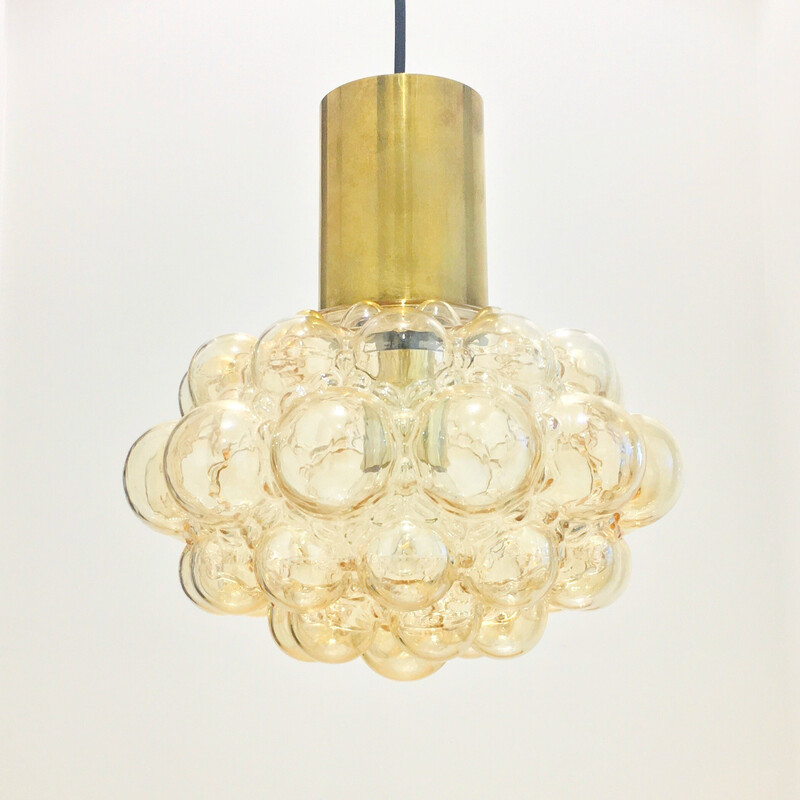 Vintage hanglamp in amberkleurig bubbelglas en messing van Helena Tynell voor Limburg, Duitsland 1970