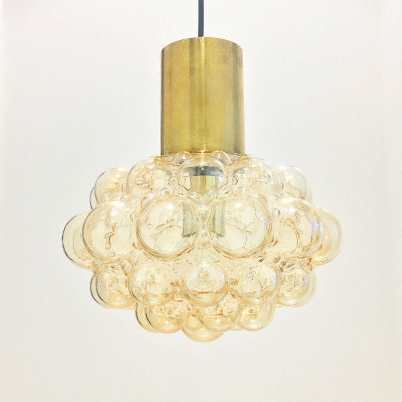 Vintage pendant lamp in amber bubble glass and brass by Helena Tynell for Limburg, Germany 1970s