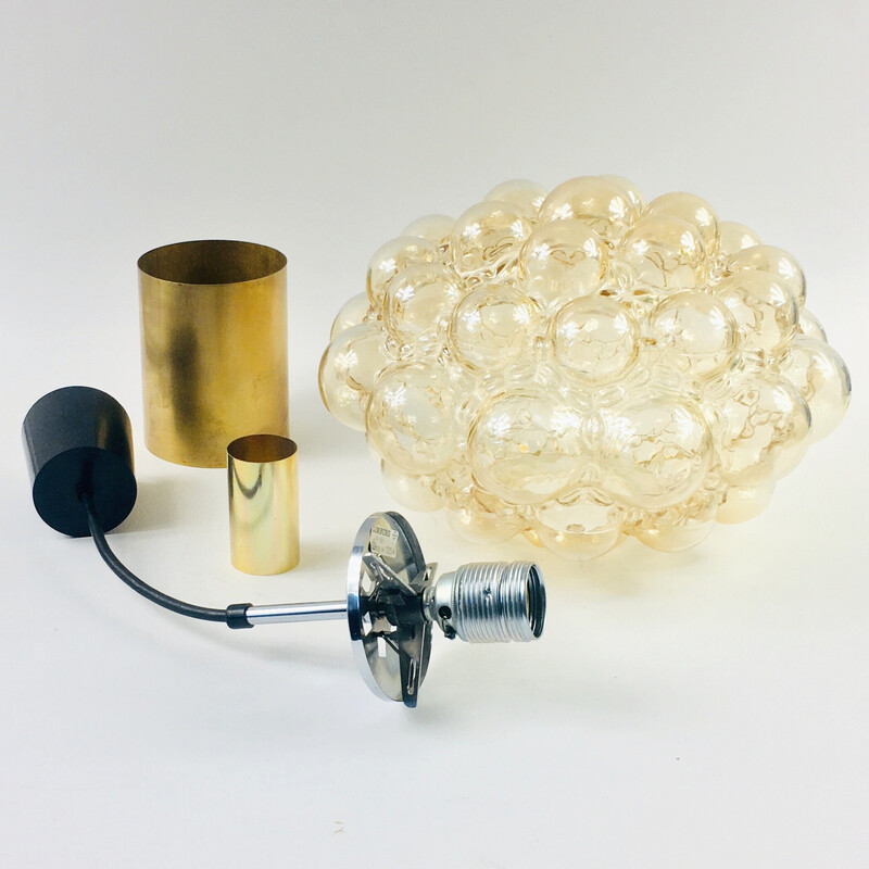 Vintage pendant lamp in amber bubble glass and brass by Helena Tynell for Limburg, Germany 1970s
