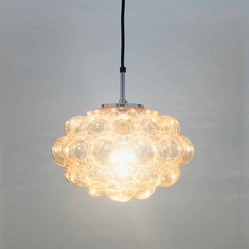 Vintage hanglamp in amberkleurig bubbelglas en messing van Helena Tynell voor Limburg, Duitsland 1970