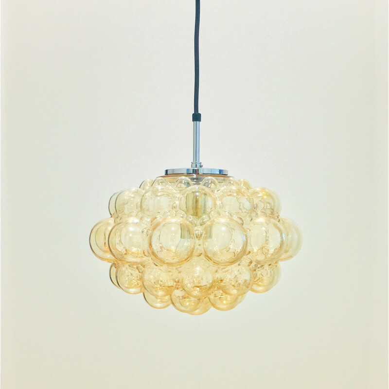 Vintage hanglamp in amberkleurig bubbelglas en messing van Helena Tynell voor Limburg, Duitsland 1970