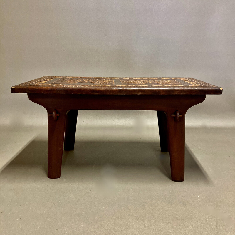 Vintage wood and leather coffee table by Angel Pazmino, 1960s