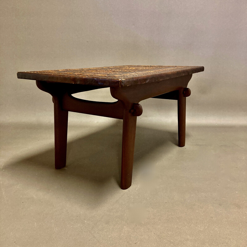 Vintage wood and leather coffee table by Angel Pazmino, 1960s