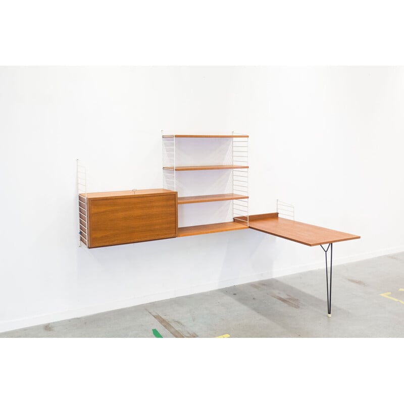 String Design AB white wall unit in teak and metal by Nisse & Kajsa Strinning - 1950s