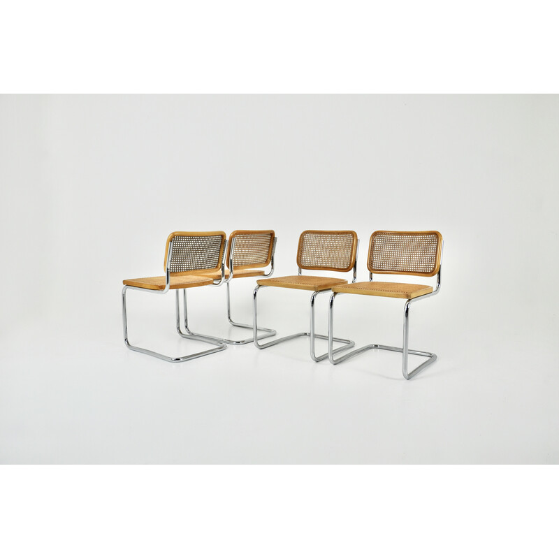 Conjunto de 4 cadeiras de madeira vintage e de rotim de Marcel Breuer