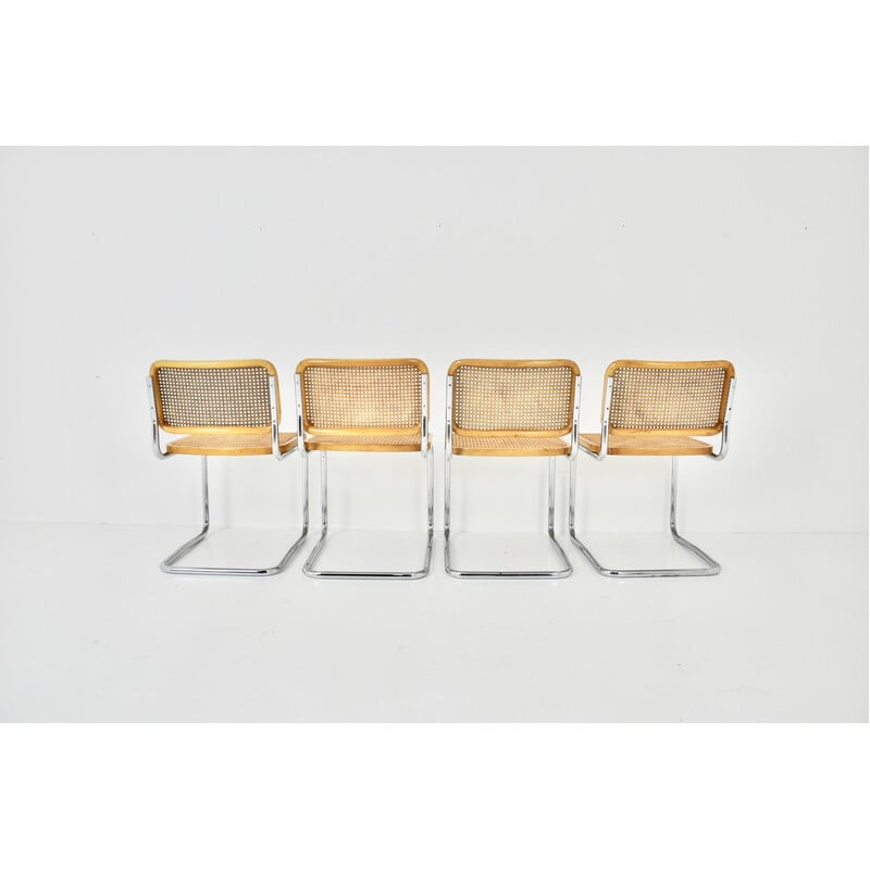 Lot de 4 chaises vintage en bois et rotin par Marcel Breuer