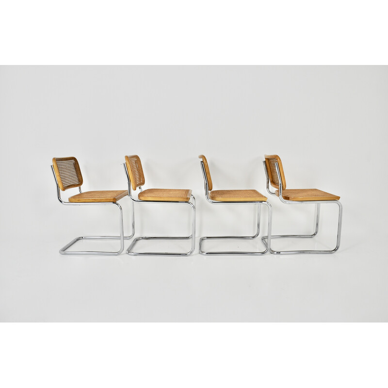 Conjunto de 4 cadeiras de madeira vintage e de rotim de Marcel Breuer