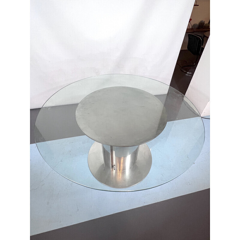 Vintage glass and stainless steel dining table by Antonia Astori for Driade, Italy 1960s