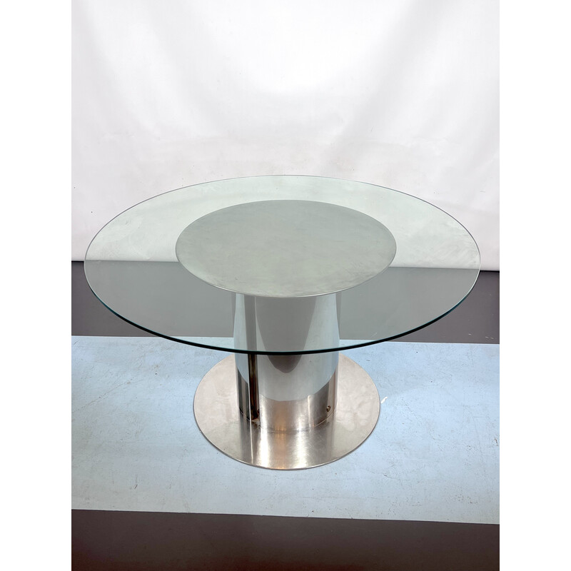 Mesa de comedor vintage de cristal y acero inoxidable de Antonia Astori para Driade, Italia años 60