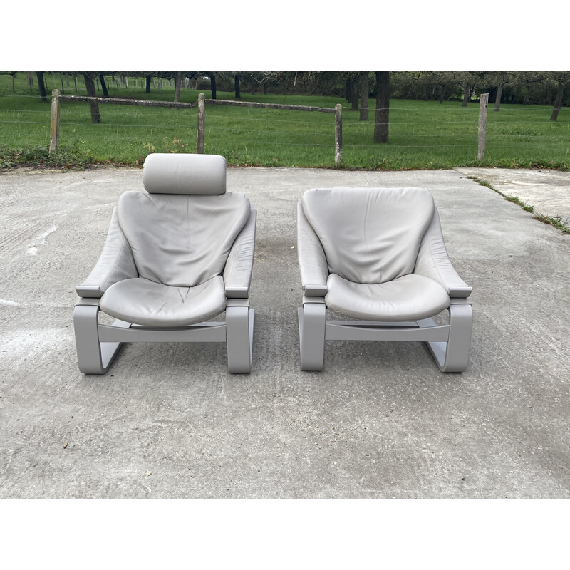 Pair of vintage grey leather armchairs by Ake Fribyter, 1970