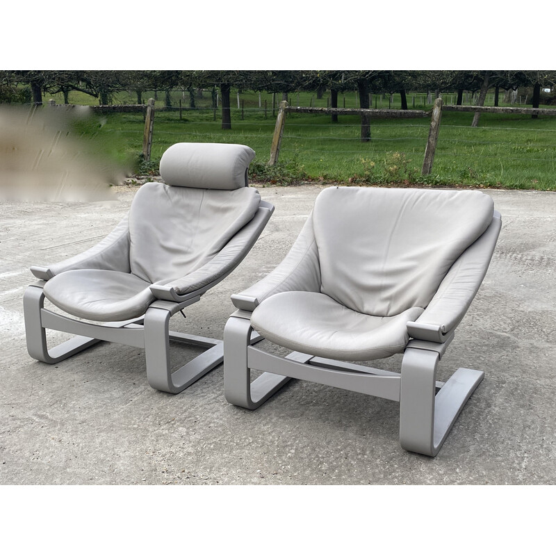 Pair of vintage grey leather armchairs by Ake Fribyter, 1970