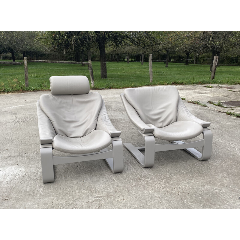 Pair of vintage grey leather armchairs by Ake Fribyter, 1970