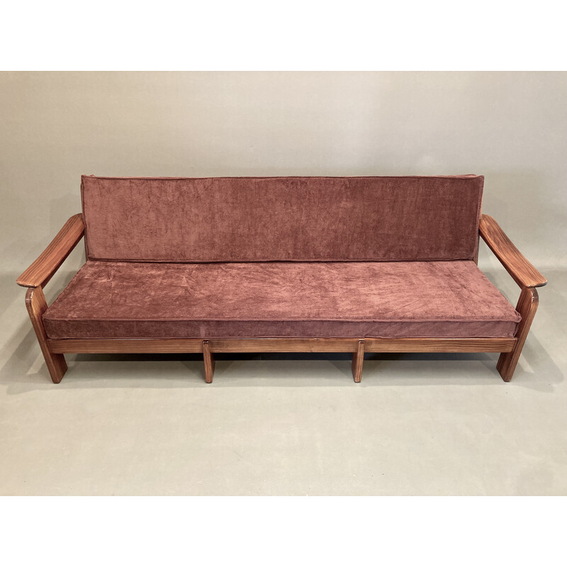 Scandinavian vintage 3 seater sofa in teak and velvet, 1950