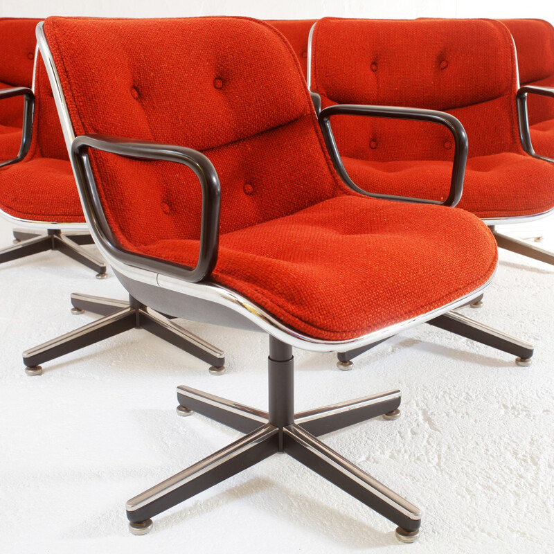  Knoll set of six swivel armchairs in chromed steel and wool, Charles POLLOCK - 1970s