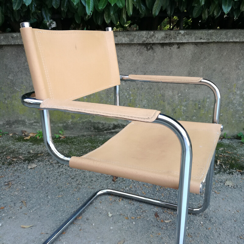 Cadeira de braços em aço e couro Vintage cantilever