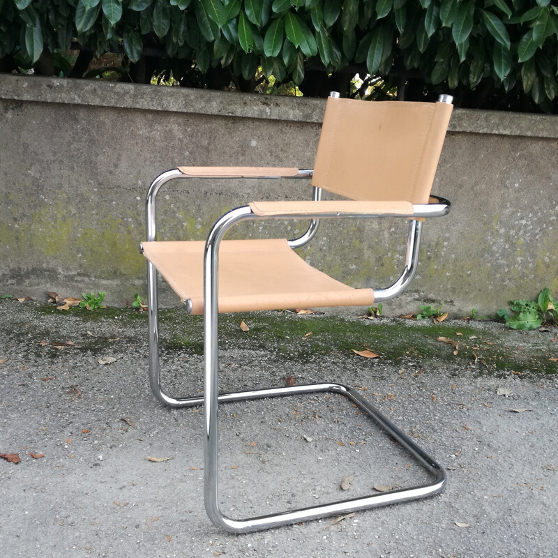 Vintage steel and leather cantilever armchair